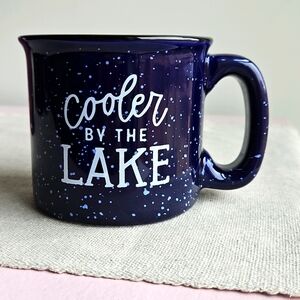 “Cooler by the LAKE” pottery mug dark blue w/light blue speckle